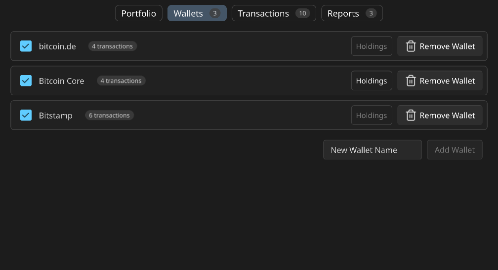 The wallets page shows the transaction sources