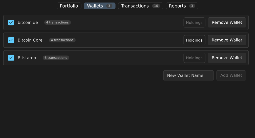 The wallets page shows the transaction sources